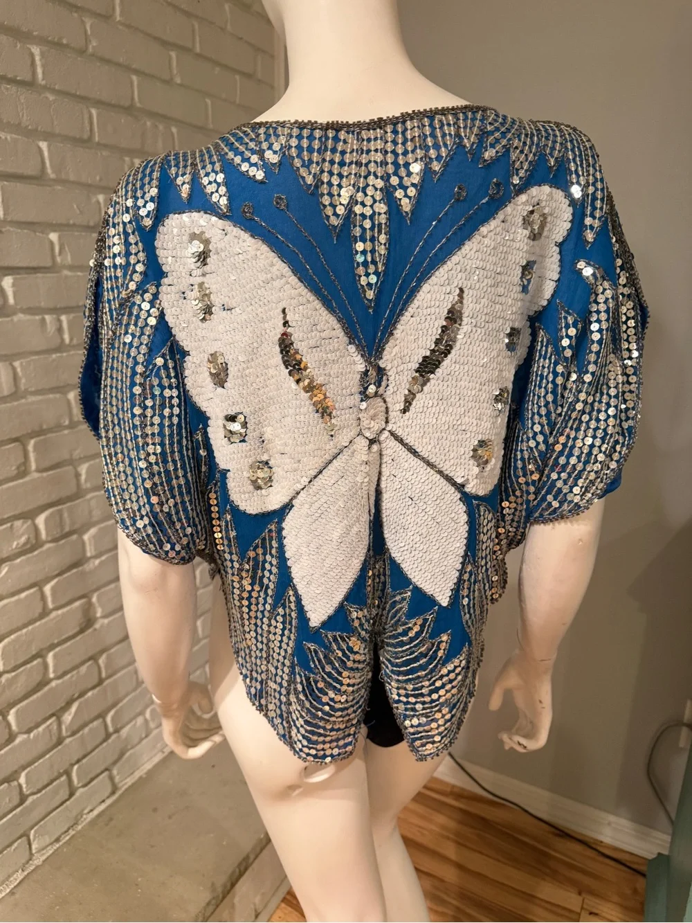 Vintage India Butterfly Sequin Beaded Silk Top Blue Silver Art Deco Oversized